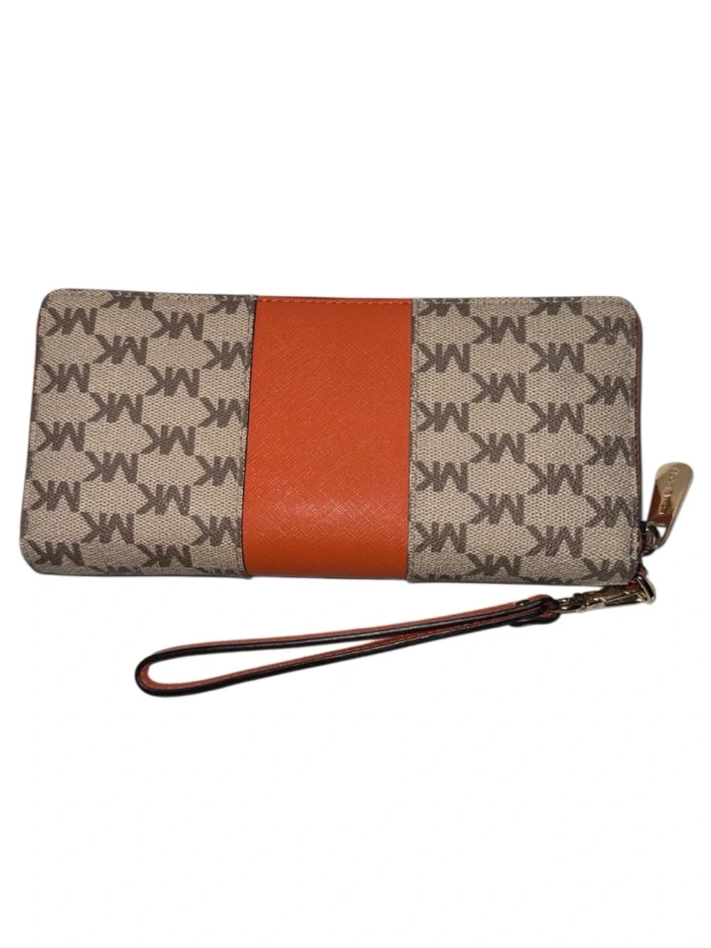 Michael Kors Signature MK Zip Around Wallet with Orange Stripe - Picture 3 of 9